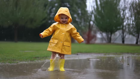 joyful toddler splashing in rain puddles in yellow rain gear