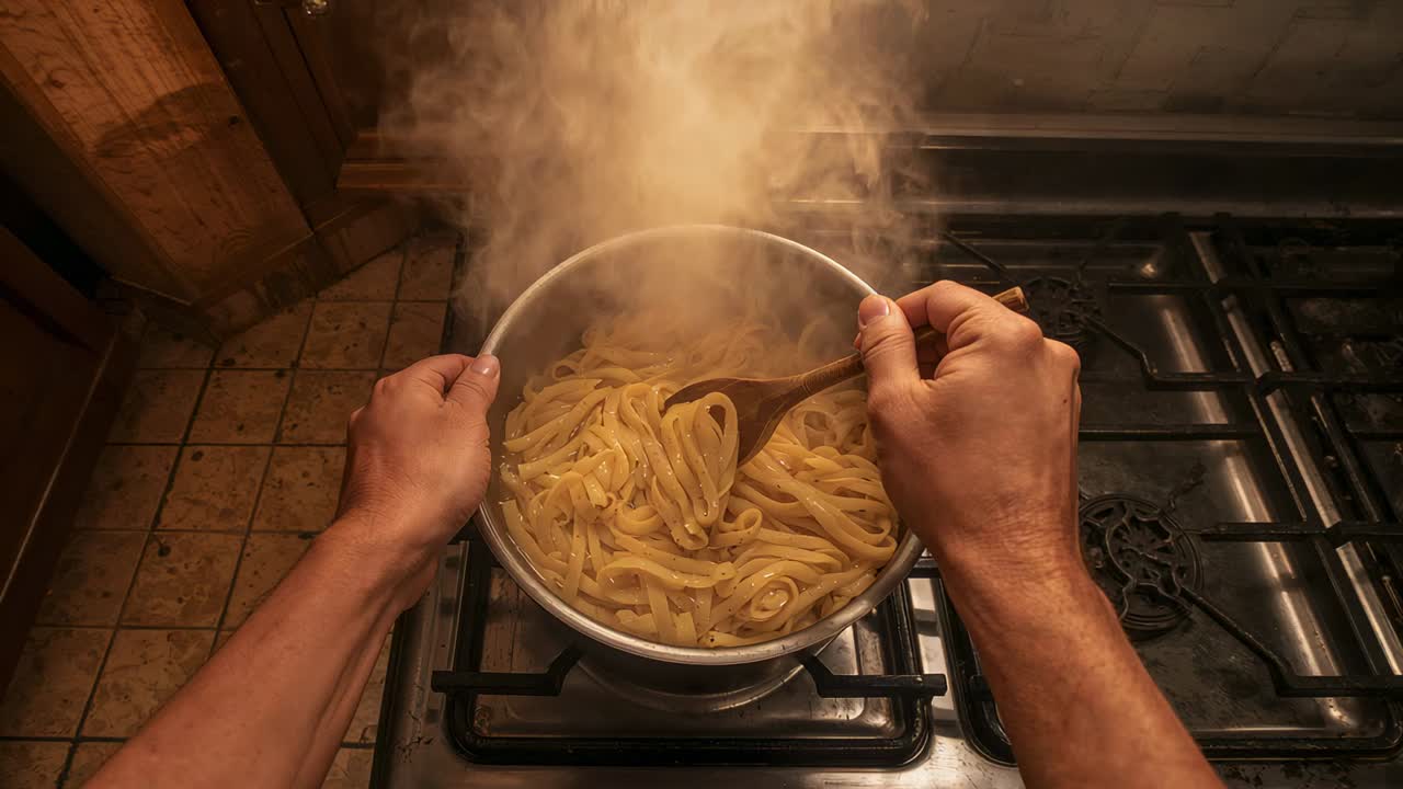 Cook lifting pot and stirring pasta over gas stove in kitchen, with wooden spoon ensuring mixing