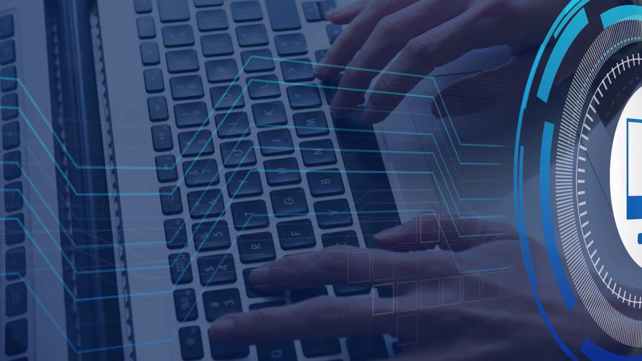 Woman typing laptop keys starting HUD as blue circuit lines linking to shield showing security