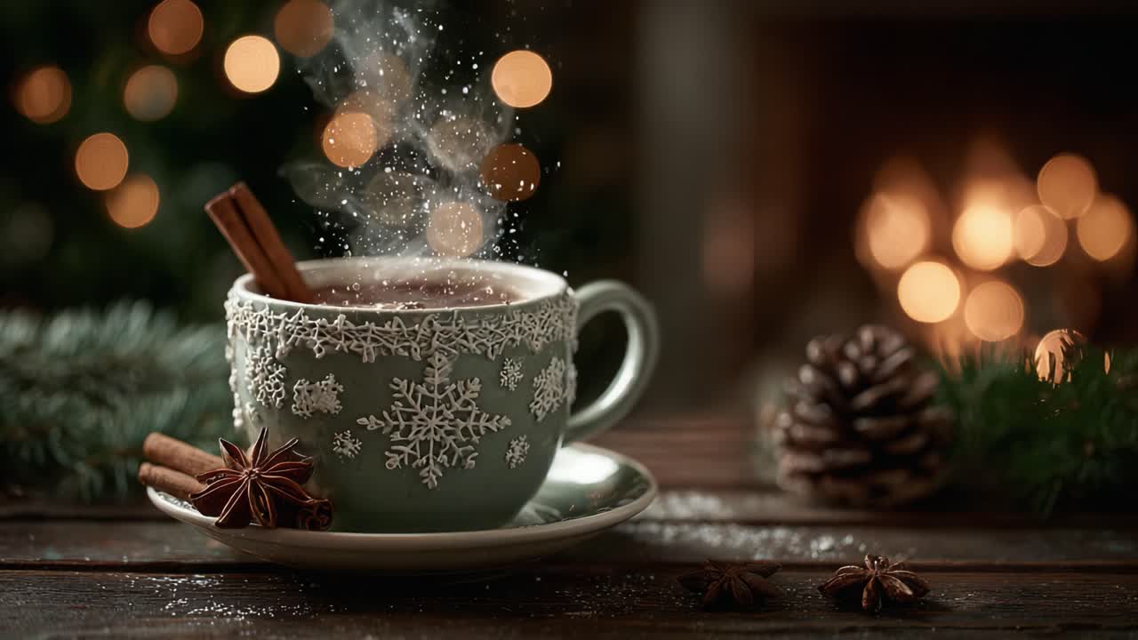 A Cozy Holiday Scene Featuring a Steaming Cup of Hot Drink Surrounded by Festive Decorations and a Warm Fire, Perfect for Creating a Relaxing Atmosphere