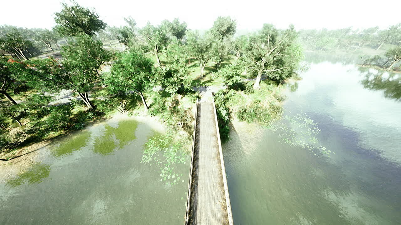 Scenic wooden bridge over a tranquil river surrounded by lush greenery