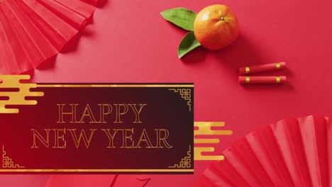 animation of new year greetings text over chinese traditional decorations on red background