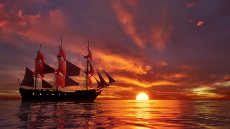 large medieval ship on the sea on a sunset. the old medieval ship gracefully sails in the open sea