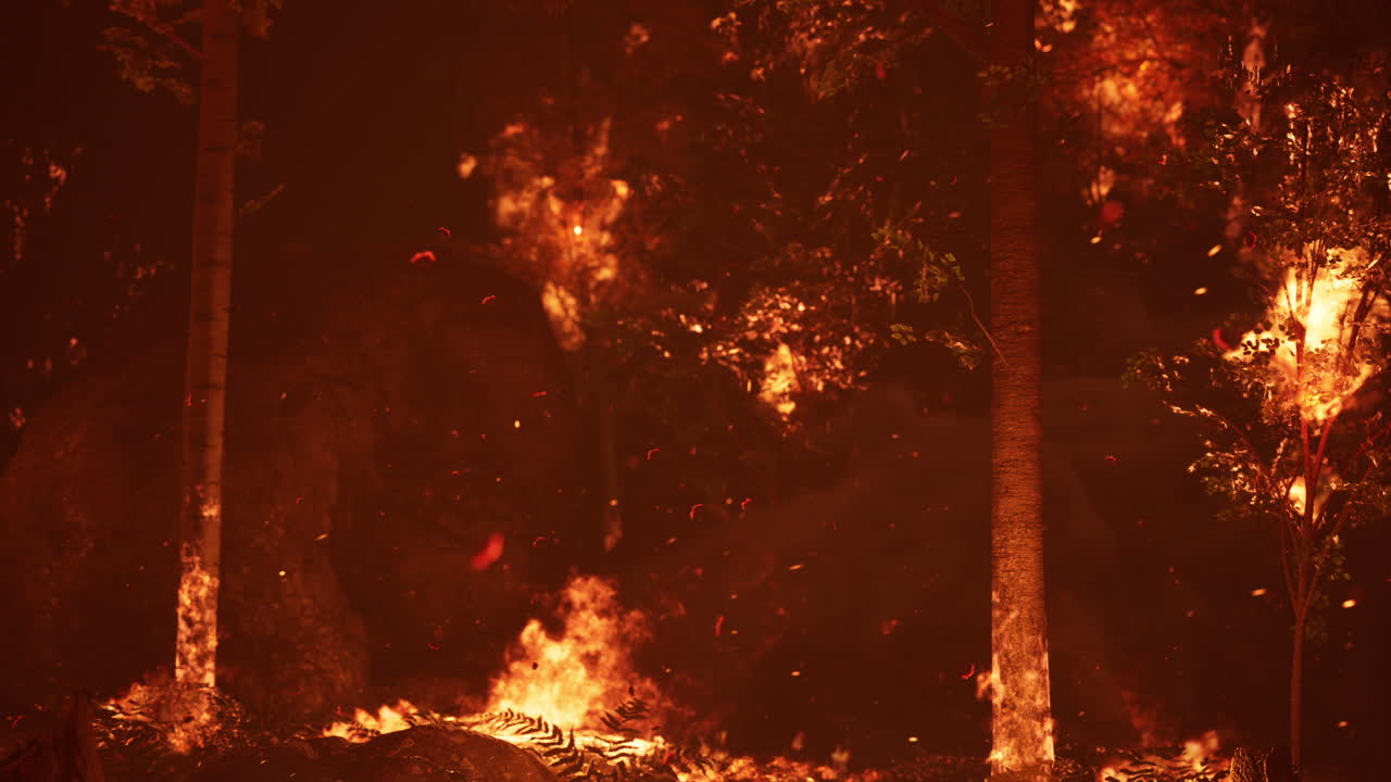 밤에 산불의 큰 불꽃