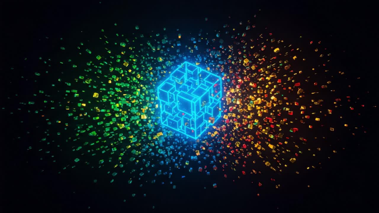 A Vibrant Display of Colorful Particles Emanating from a Mesmerizing Neon Cube, Creating a Dazzling Visual Experience of Light and Motion