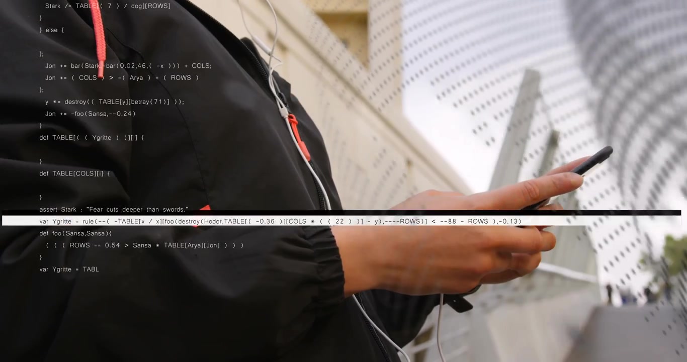 Woman standing by panel, tapping smartphone checking messages, tech code overlay obscuring frame