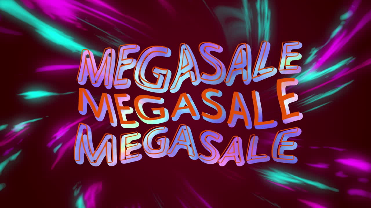 파란색과 보라색의 회전하는 불빛 위에 다채로운 텍스트를 구부리는 메가 세일의 애니메이션