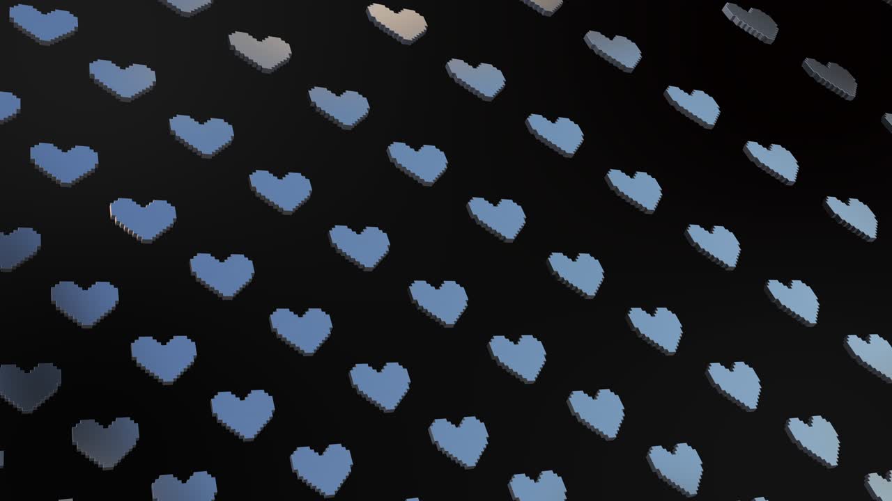 미니멀 모션 3d 아트, 픽셀 3d 메탈 하트, 추상, 검은색 배경의 수직 패턴, 사랑, 발렌타인 데이, 인사 콘셉트, 4k 비디오