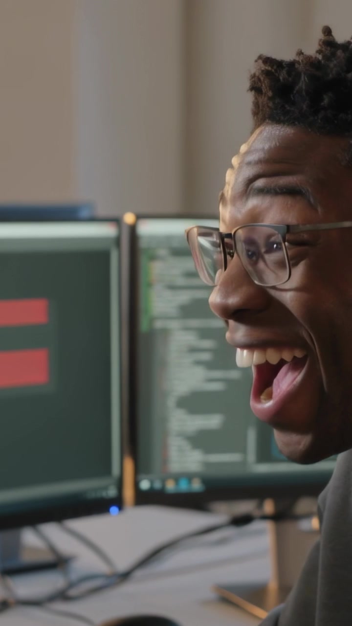 Vertical video: Seeing test passing on screen, man w specs clapping at desk by monitors, copy space