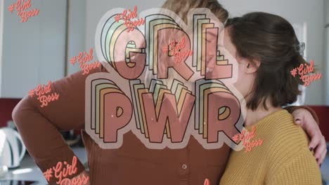 Animation-Von-Girl-Power-Text-über-Zwei-Frauen,-Die-Ihre-Köpfe-Berühren