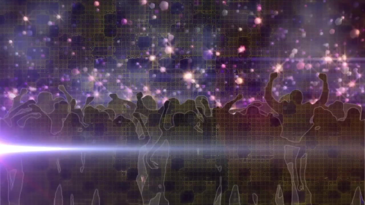 Animation af lyspletter over dansende mennesker.