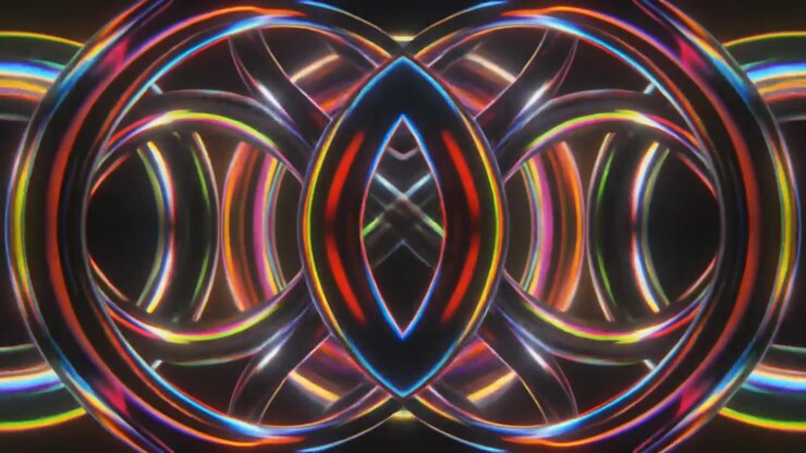 Animação Abstrata de Anéis Metálicos Giratórios com Luz Iridescente