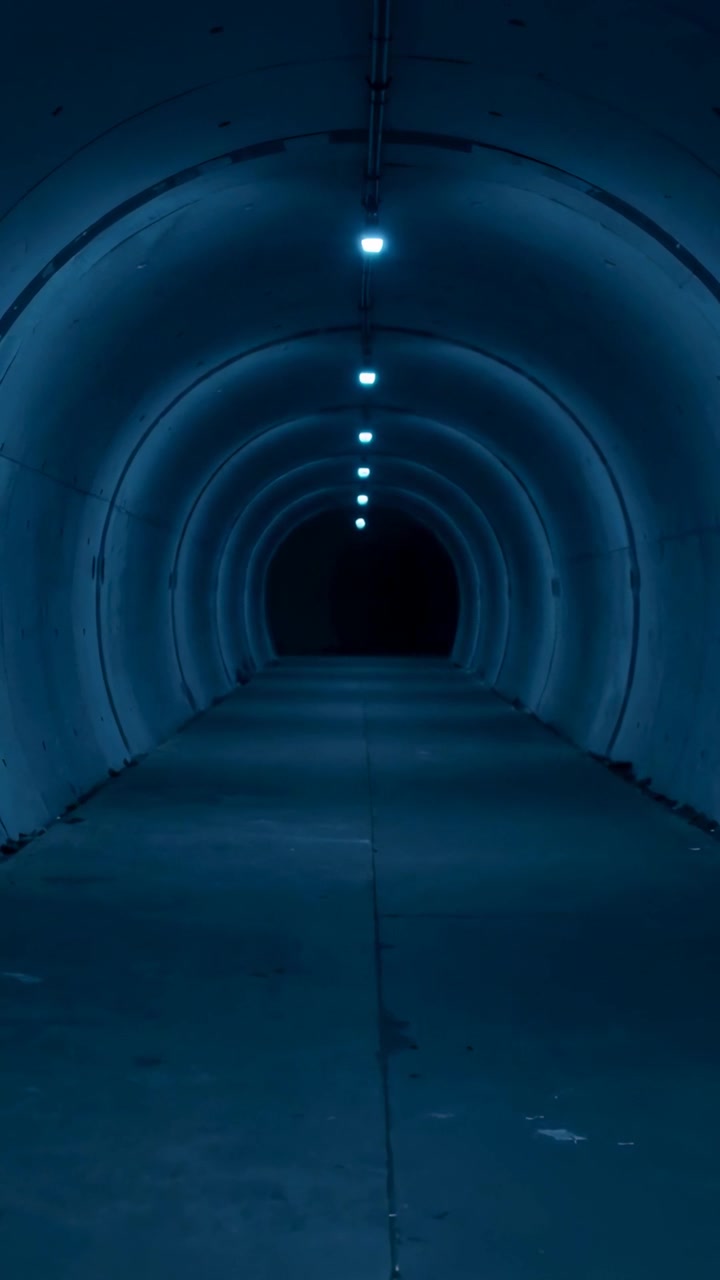 Video verticale: Telecamera che si muove a panoramica per mostrare un tunnel ad arco in un sottopassaggio con luci blu e fili.