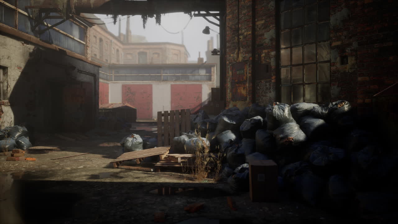 쓰레기 봉투로 가득 찬 우울한 버려진 공장 골목길