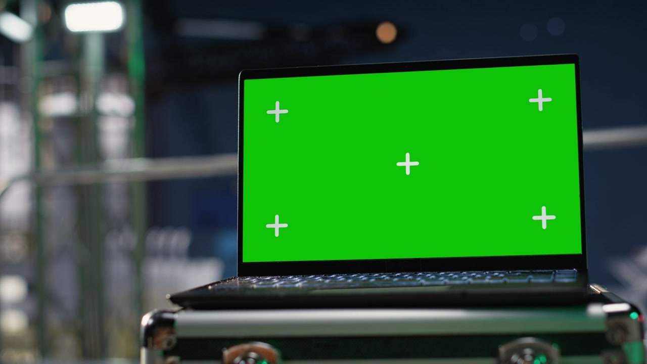 Laptop mockup sul ponte di una chiatta di perforazione monitora le carenze di carburante durante la crisi petrolifera.