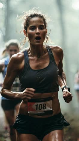 close-up video shot of a determined female runner in a forest marathon, capturing intense focus