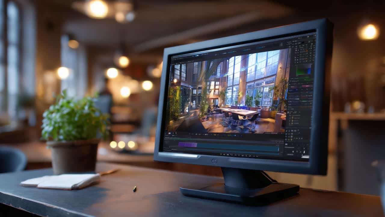 Ein moderner Arbeitsbereich mit einem Computermonitor, der eine wunderschön gestaltete Innenraumszene mit natürlichem Licht und üppigem Grün in einer gemütlichen Umgebung zeigt