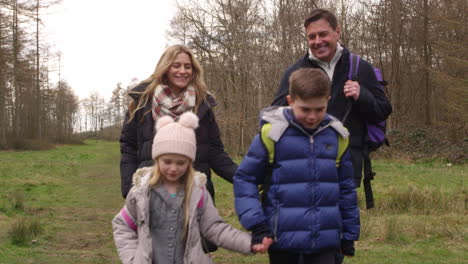 family walking in woods towards tracking handheld camera, shot on r3d