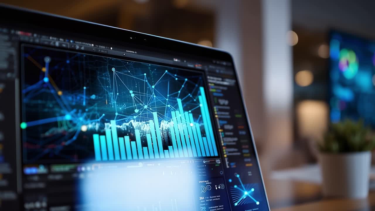 A Modern Workspace Featuring Advanced Data Analytics on Display, Highlighting a Sleek Laptop with Vibrant Visualizations and a Cozy Office Ambience