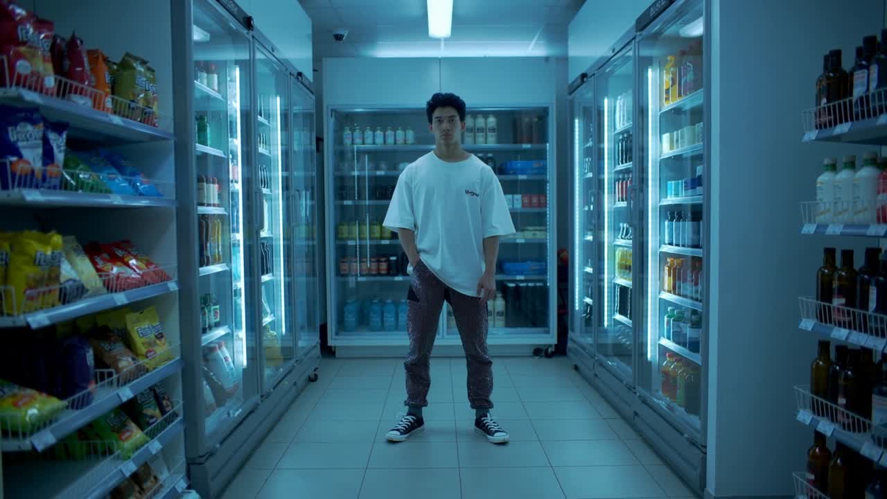 Camera starting, Asian man shifting weight, keeping hand near pocket in aisle by fridges, big tee