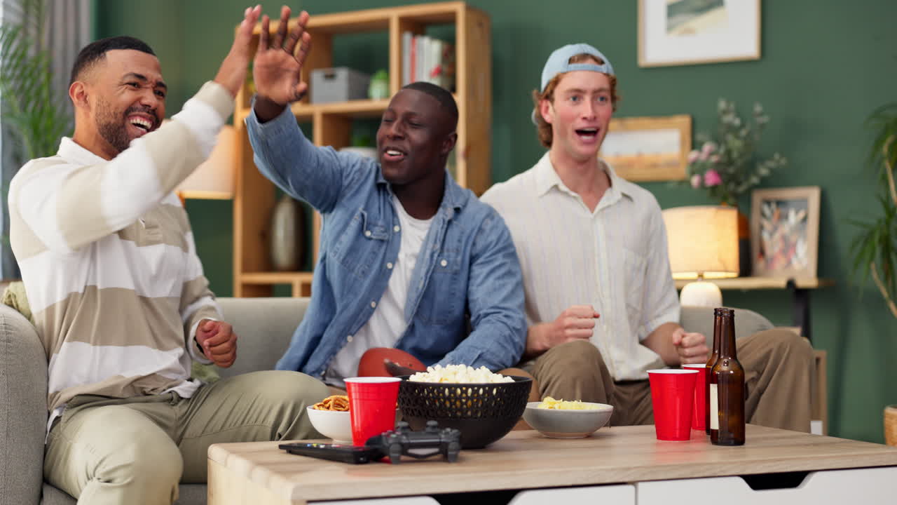 Friends watching football and celebrating at home