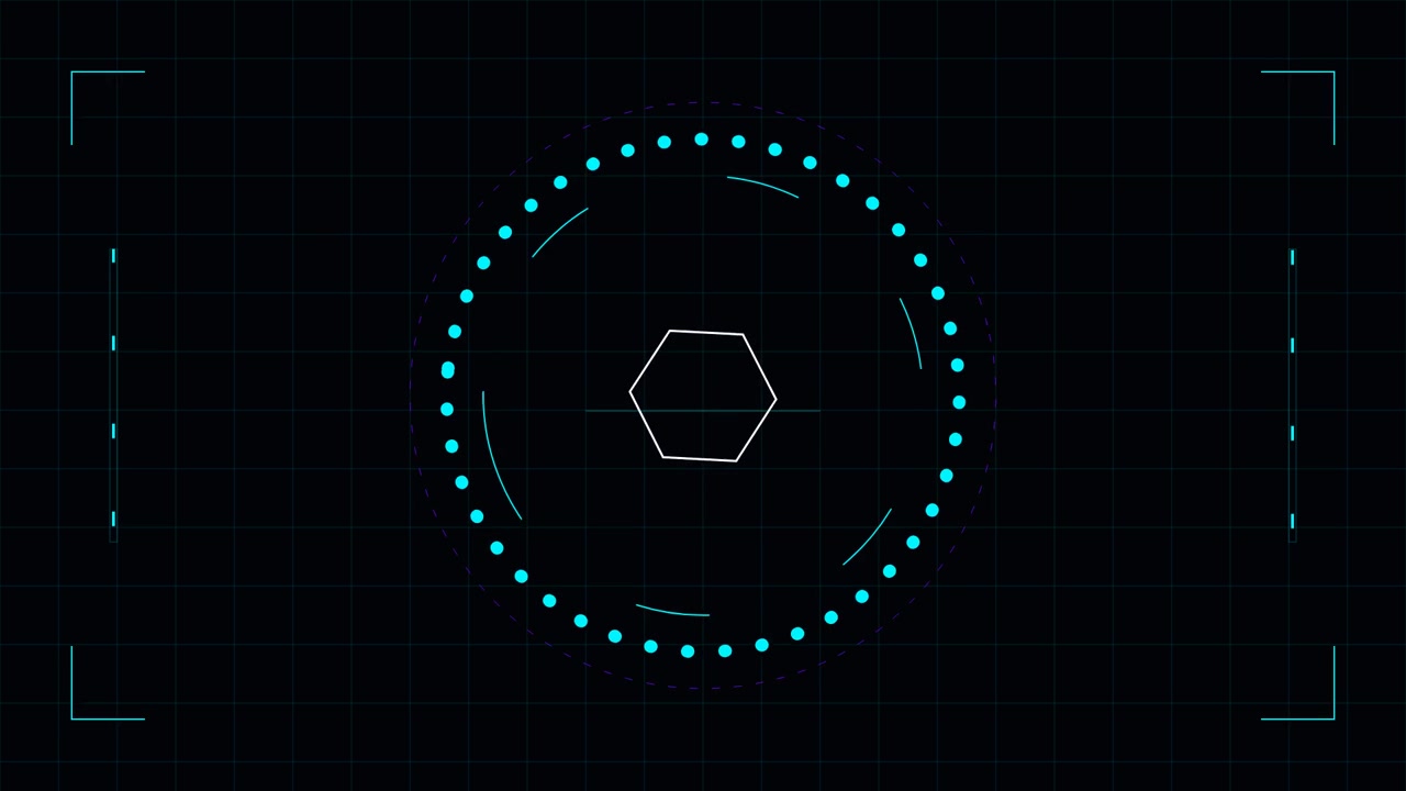 Futuristic Digital HUD Interface with Rotating Hexagon and Scanning Circles