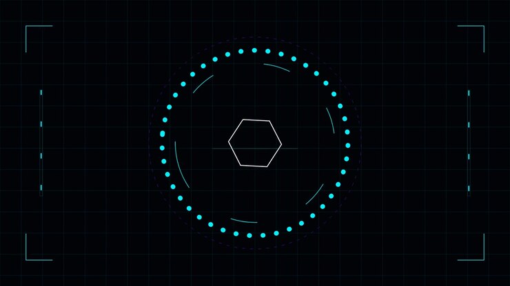 Futuristic Digital HUD Interface with Rotating Hexagon and Scanning Circles