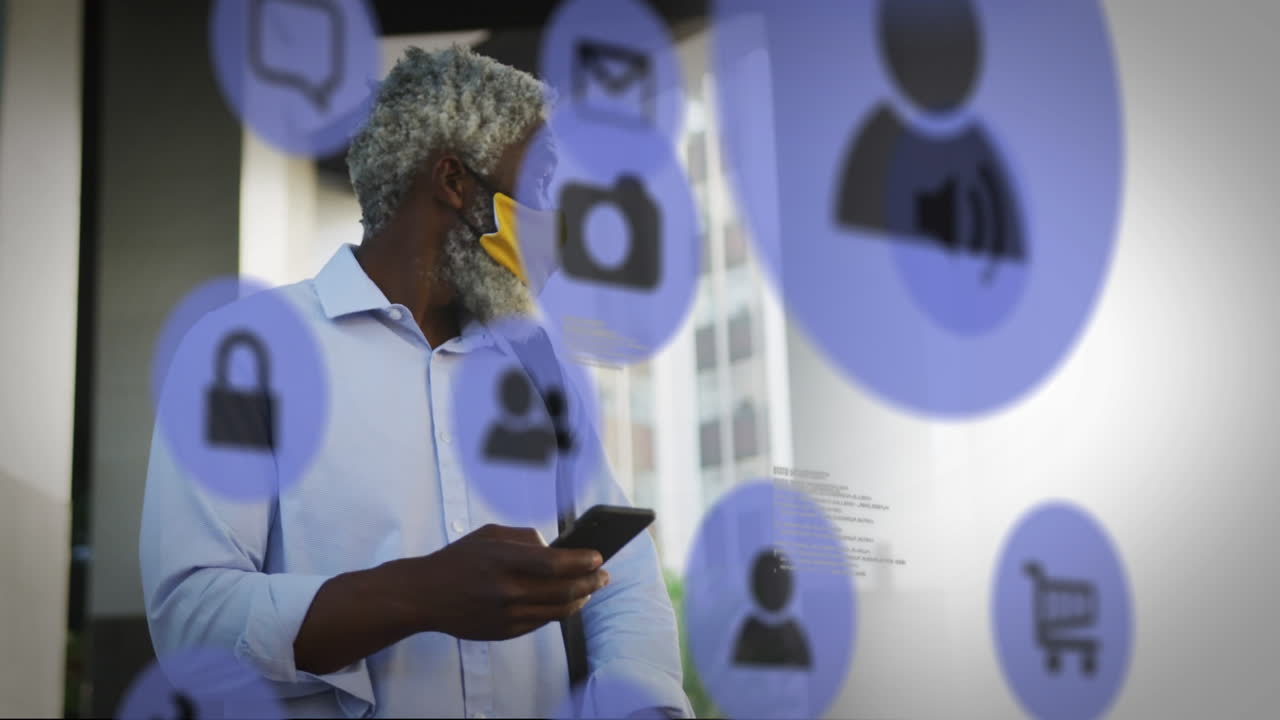 Animation of media icons over african american man using smartphone