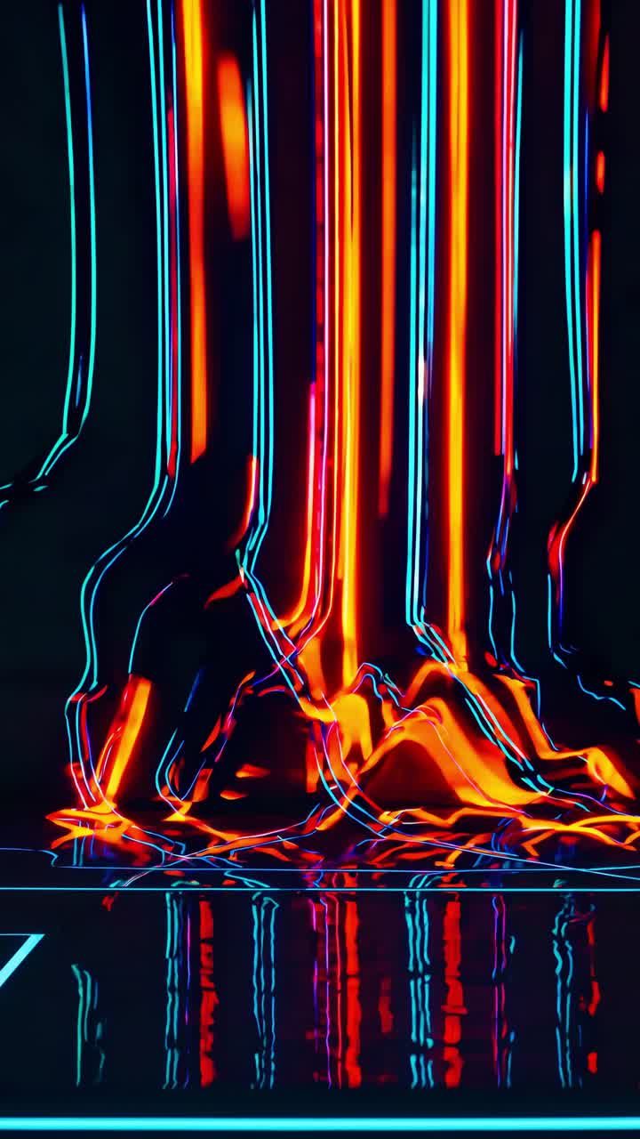 Colorful neon lights reflecting on a surface create a vibrant, abstract composition filled with dynamic vertical lines and luminous reflections, evoking energy and modern artistry