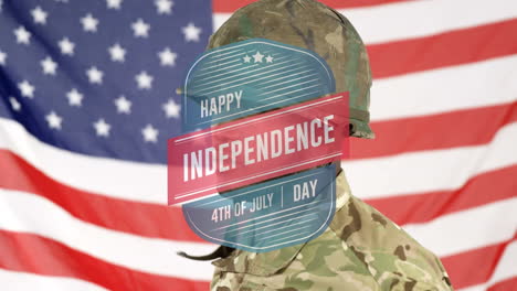 animation of independence day text over soldier wearing helmet and american flag