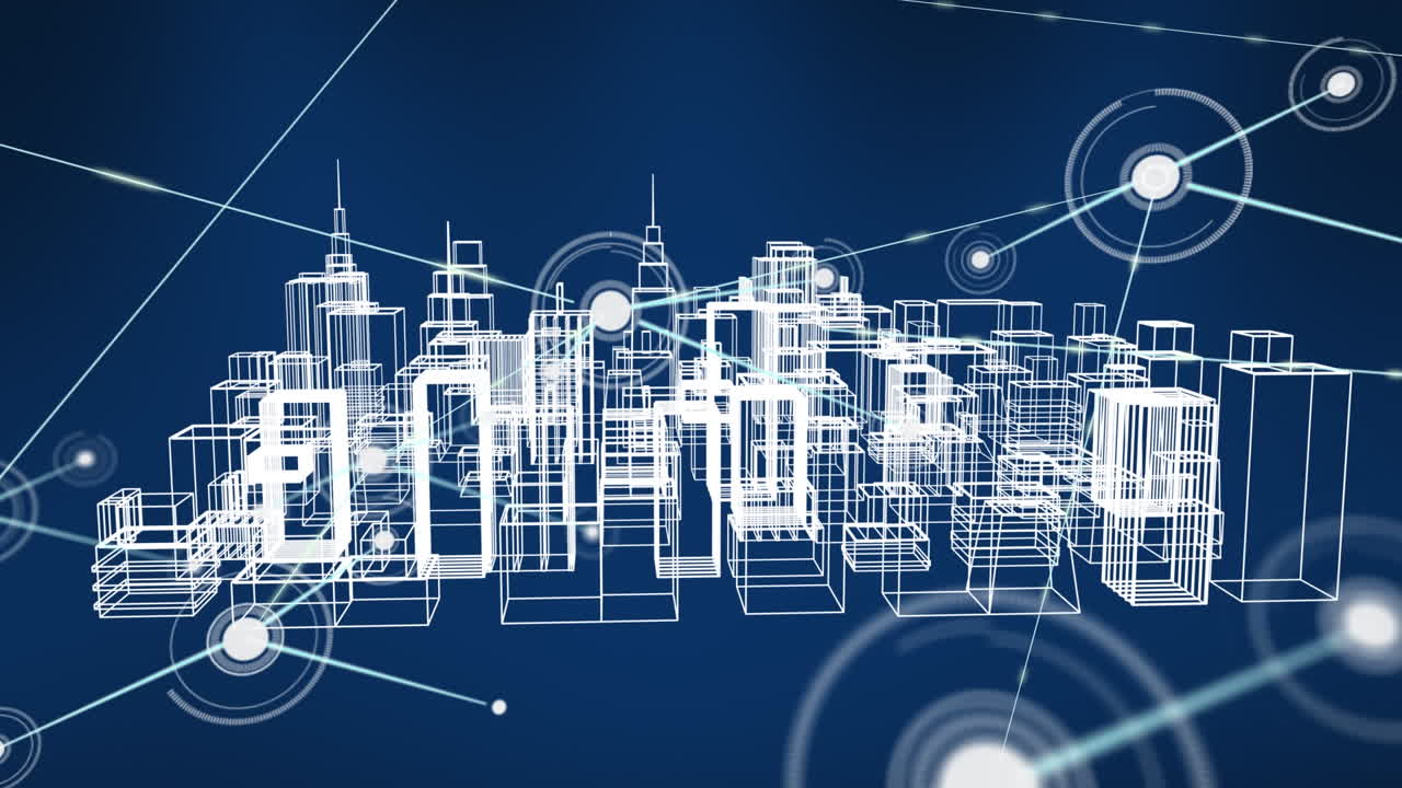 ilustración de puntos brillantes que se interconectan con líneas en un modelo 3d de paisajes urbanos