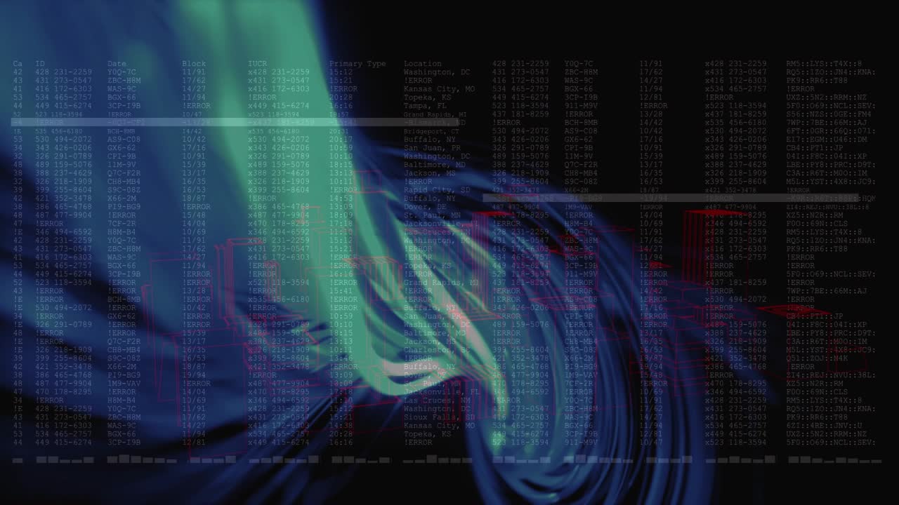 Upper-left ribbon entering, teal filaments spiraling while text columns rising, visualizing data