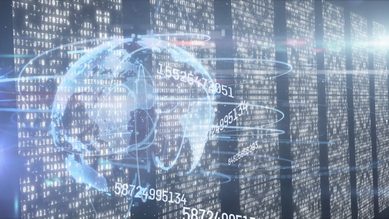 Animation of data processing, numbers and globe on black background
