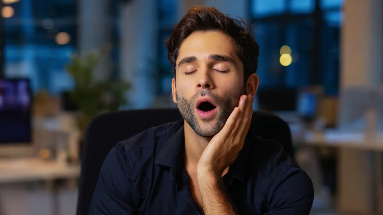 In a late-night office scene, a young man demonstrates signs of fatigue and boredom as he yawns while resting his chin on his hand, showcasing the struggles of prolonged work hours amidst dim lighting