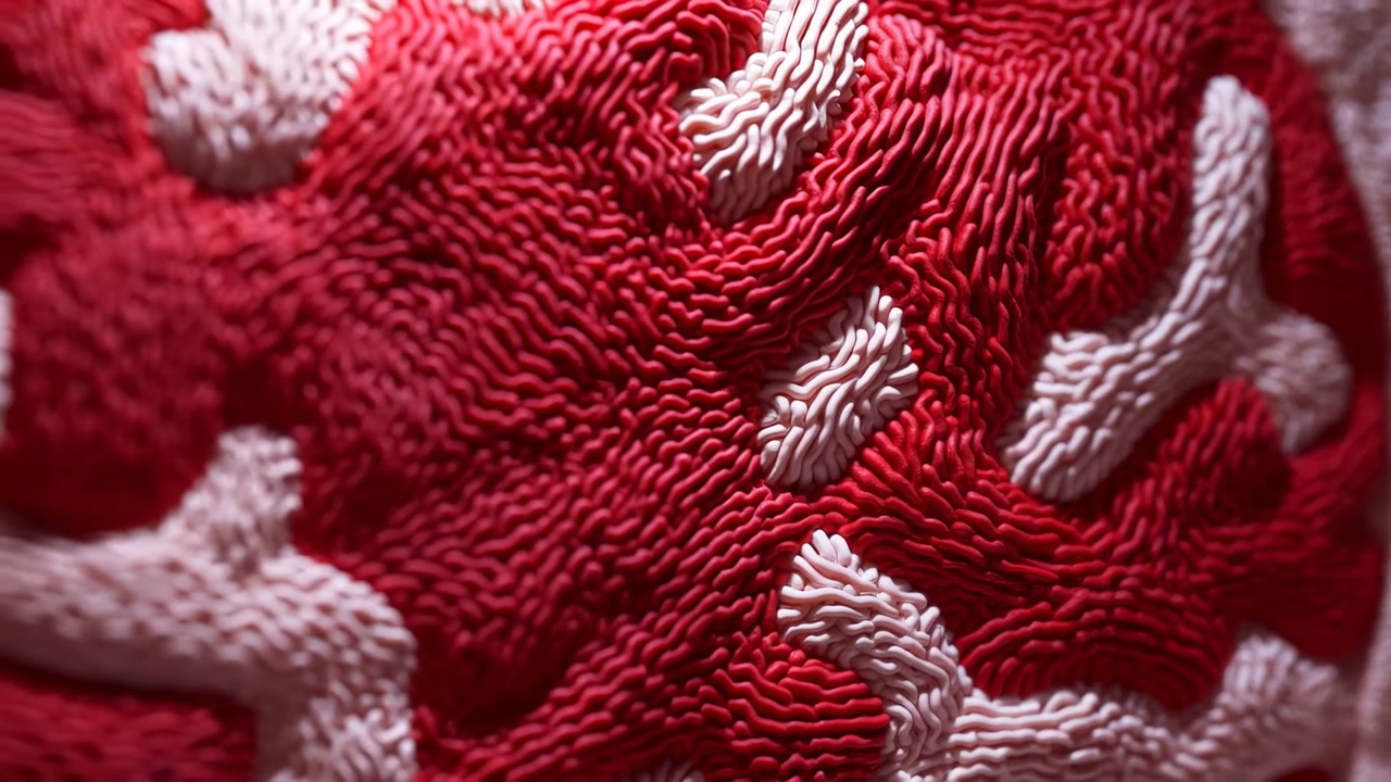 Des formes rouges denses avec des brins pâles en relief se déplacent subtilement à travers des plis superposés, révélant des rainures répétées, des bords incurvés et une faible profondeur de champ sur une surface texturée abstraite.
