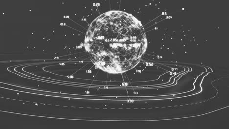 Globus-Des-Verbindungsnetzwerks,-Der-Sich-Vor-Der-Topographie-Auf-Schwarzem-Hintergrund-Dreht