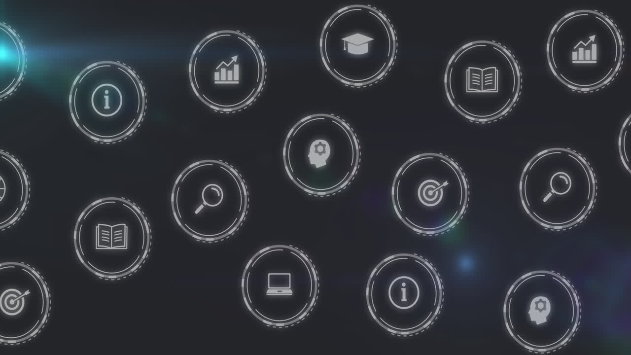 White circular digital icons floating over dark interface, showcasing education data search tools