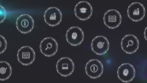 white circular digital icons floating over dark interface, showcasing education data search tools