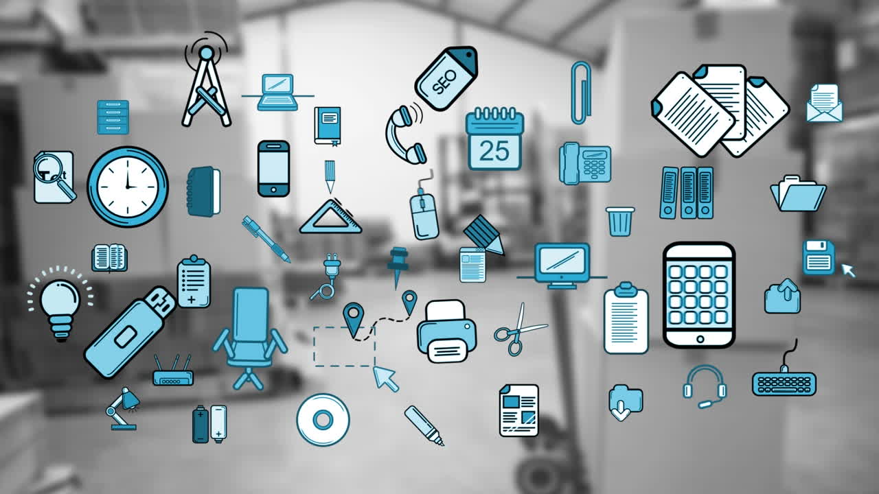 animación de iconos sobre cajas en el almacén.