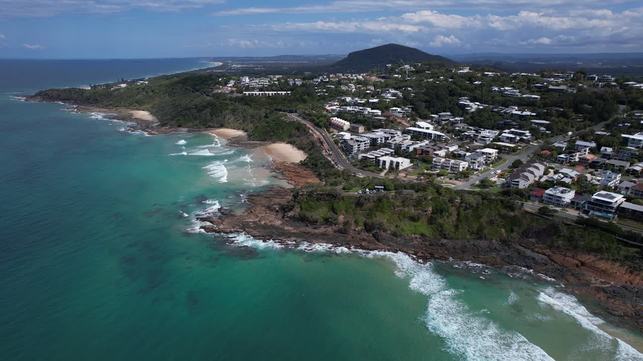 Sea Waves On The Rocky Shore Of Beaches In Coolum Beach In Sunshine Coast, QLD, Australia. - aerial shot