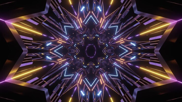 Túnel de Luz Néon Abstrato com Padrões de Estrelas Pulsantes.