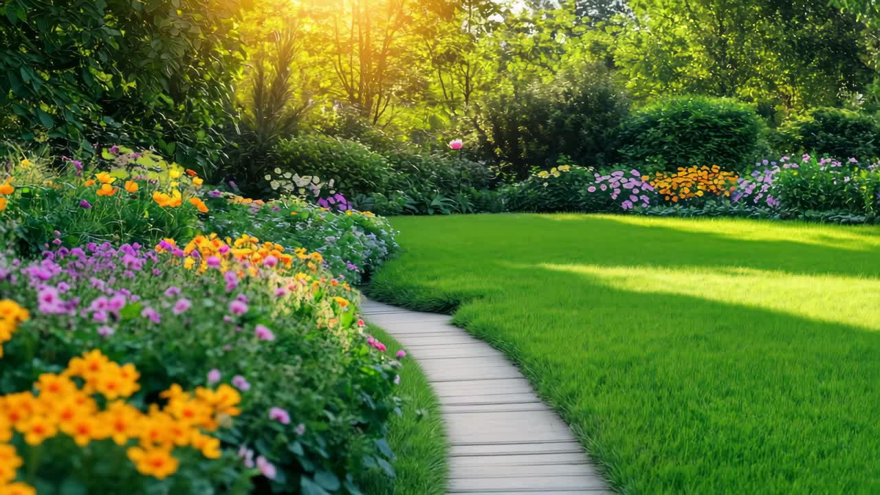 A serene garden with vibrant flowers and lush greenery, captured at a low angle
