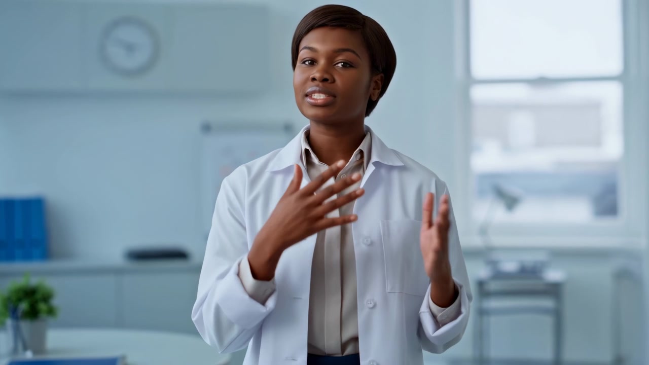 A female doctor in a white lab coat stands centered in a softly lit examination room facing the camera, hands slightly raised as she explains or reassures