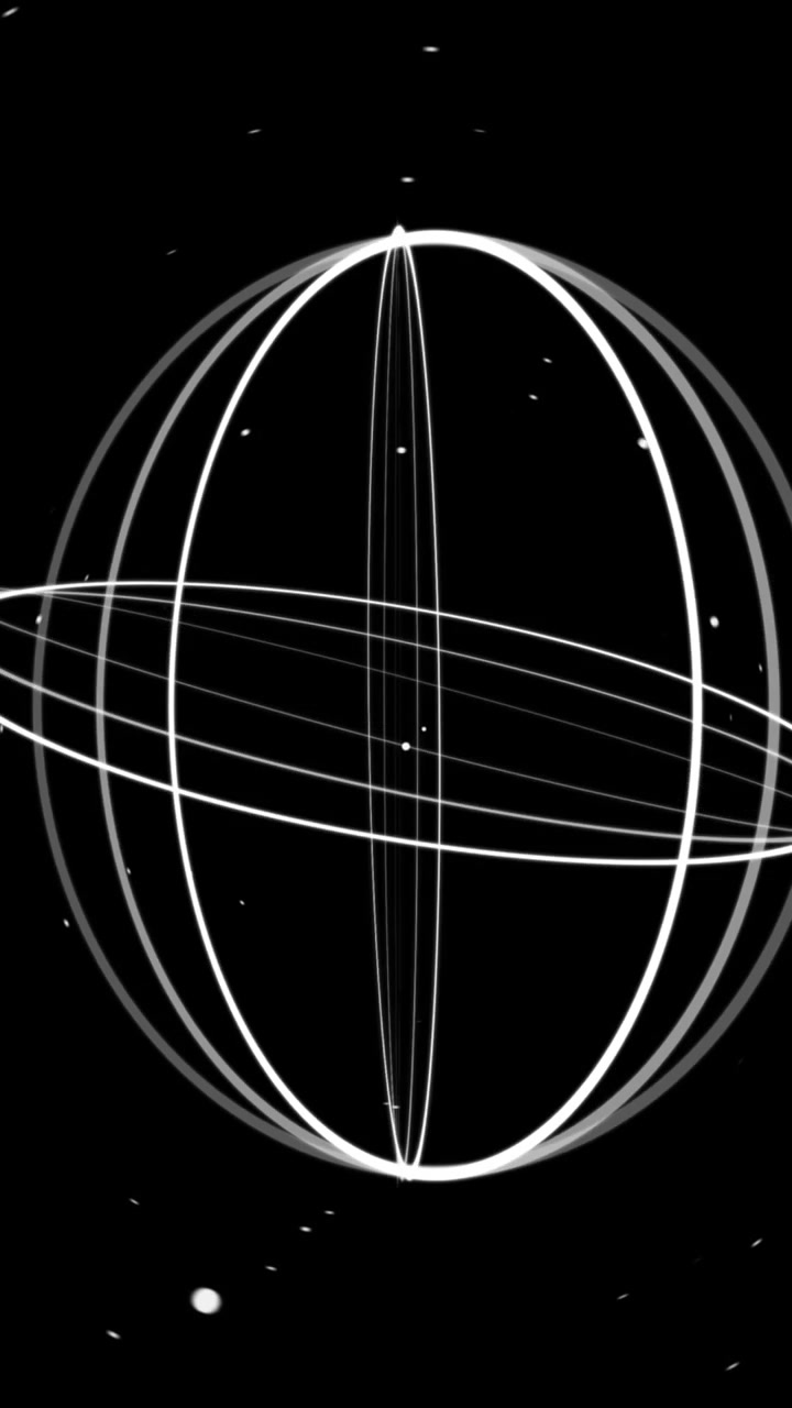 Animazione di anelli bianchi che ruotano e punti luce che si muovono su sfondo nero