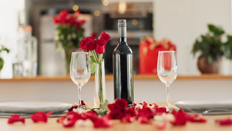 romantic dinner setting with roses and wine