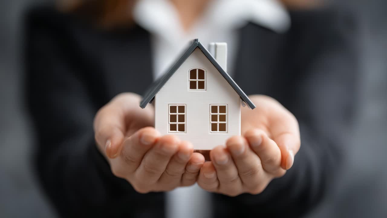 Un professionista che tiene in mano un modello di casa in miniatura che simboleggia la proprietà immobiliare e gli investimenti immobiliari in un contesto aziendale.