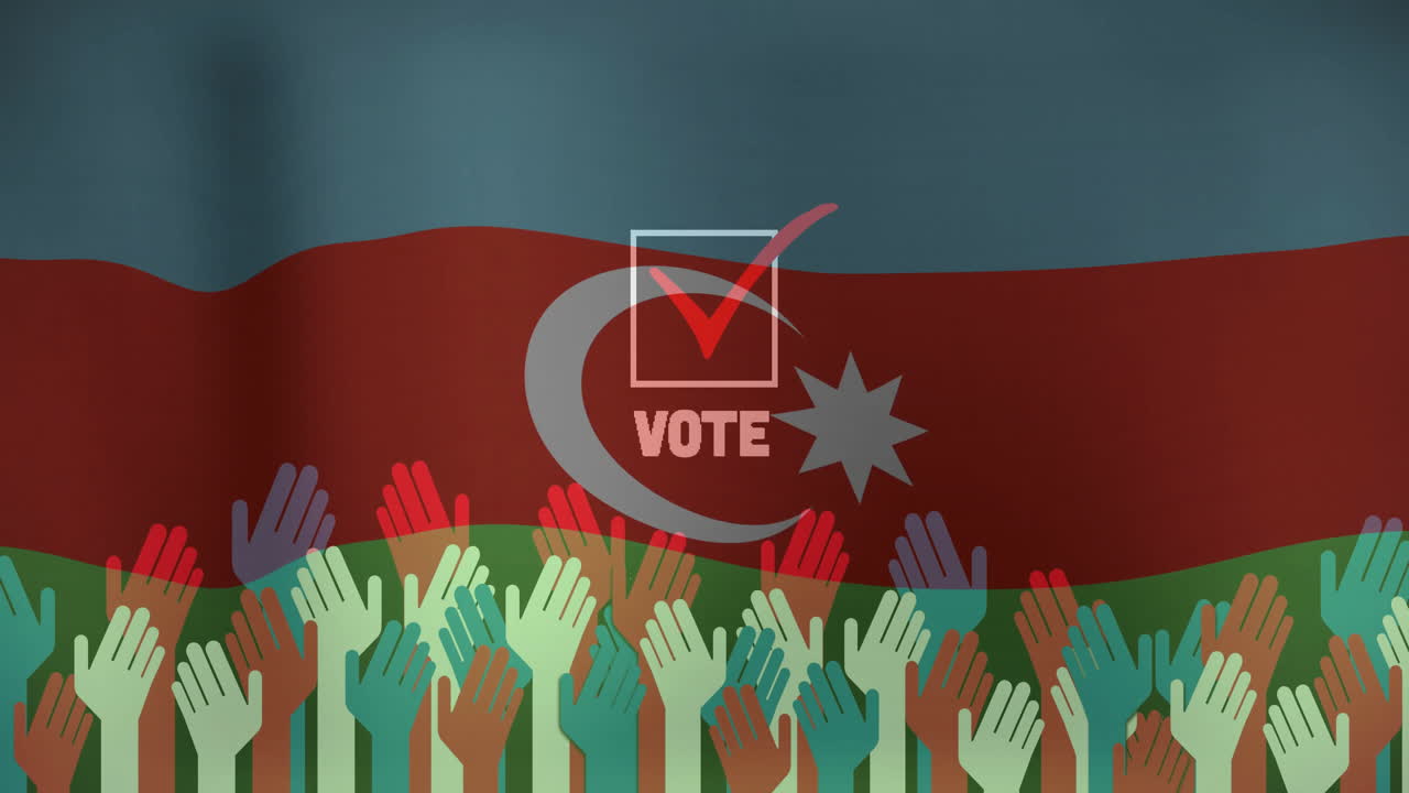 Colorful hands raised with Azerbaijan flag and VOTE text with checkmark animation