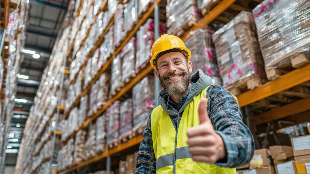 A warehouse worker showcases his positive attitude with a thumbs up while surrounded by neatly stacked pallets, emphasizing teamwork and safety in the logistics industry