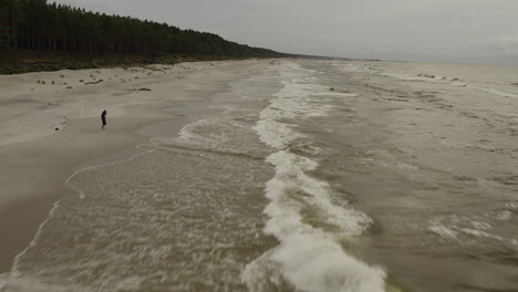 tiro de dron de la playa y el mar báltico, volando bajo y rápido, inclinado hacia arriba y revelando toda la playa y una persona caminando hacia el mar en un día nublado