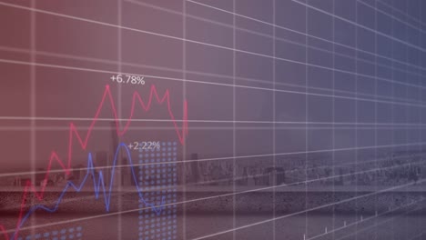 Animation-Mehrerer-Diagramme-Mit-Wechselnden-Zahlen-über-Dem-Modernen-Stadtbild-Gegen-Den-Himmel